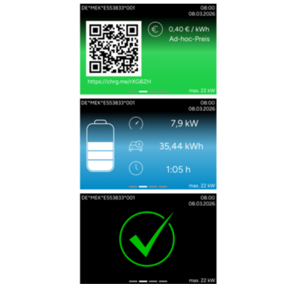 Display van de MENNEKES AMEDIO® laadpaal met QR-code, laadstatus en informatie over de laadsessie - Stagobel
