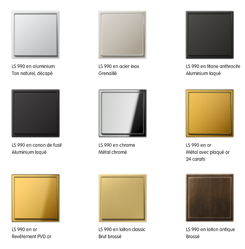 Interrupteurs design JUNG LS 990 en métal véritable, disponibles dans différentes finitions métalliques haut de gamme – Stagobel