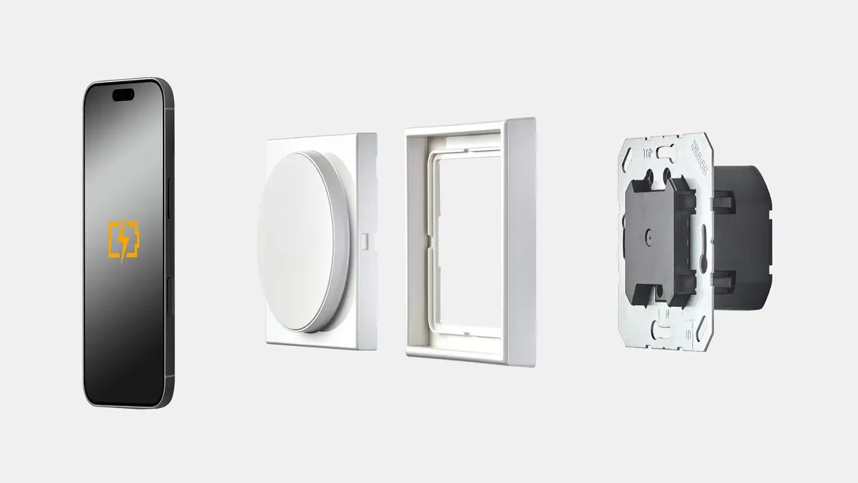 Opbouw van de JUNG Magnetic Charger met Qi2-technologie voor draadloos opladen van smartphones – Stagobel