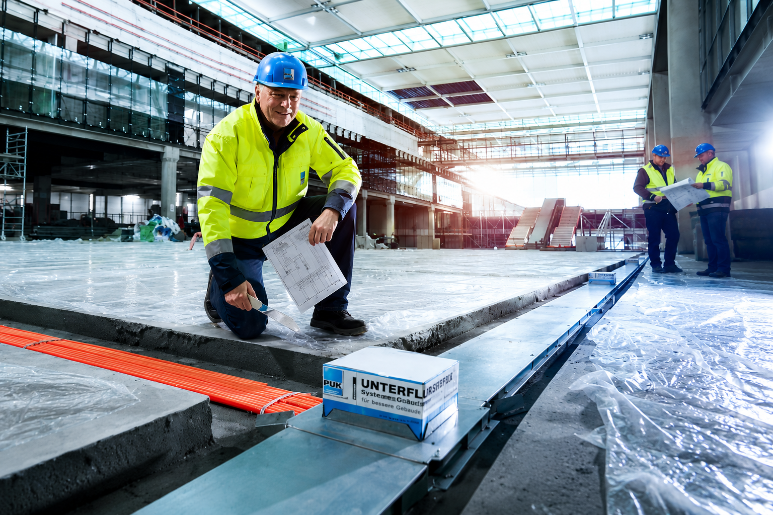 Installation d’un système de goulottes de sol PUK pour une distribution discrète de l’électricité et des données – Stagobel